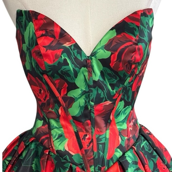 SHERRI HILL Red Floral Dress Mini Strapless Prom Pageant Size 0 Roses Full XS - Picture 7 of 12